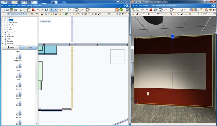 ICE shows a 2D/3D split screen so you can see the information is linked by DIRTT technology