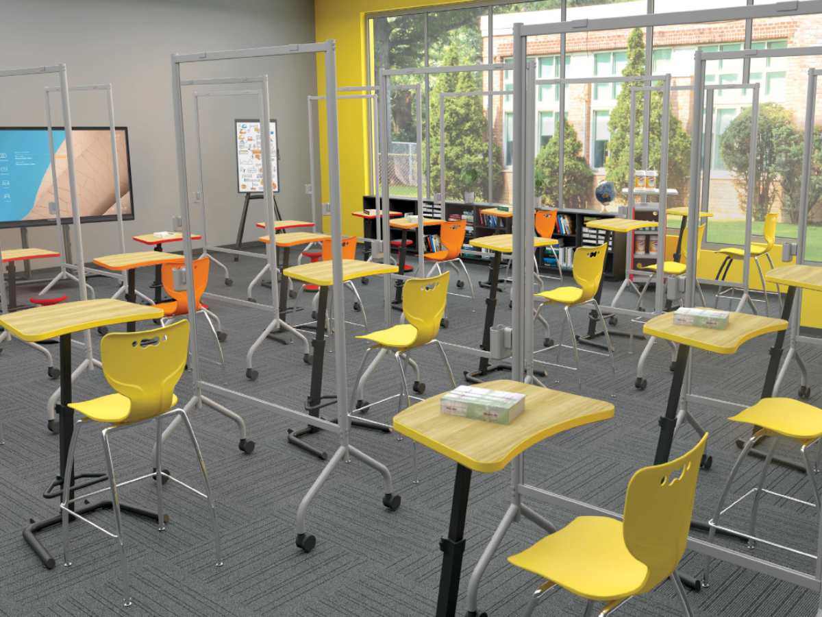 MooreCo education furniture with dividers to separate and physically distance children in the classroom continental office